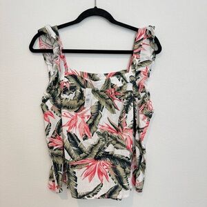 Loft Tropical Print Ruffled Sleeveless Linen Blend Square Neck Top